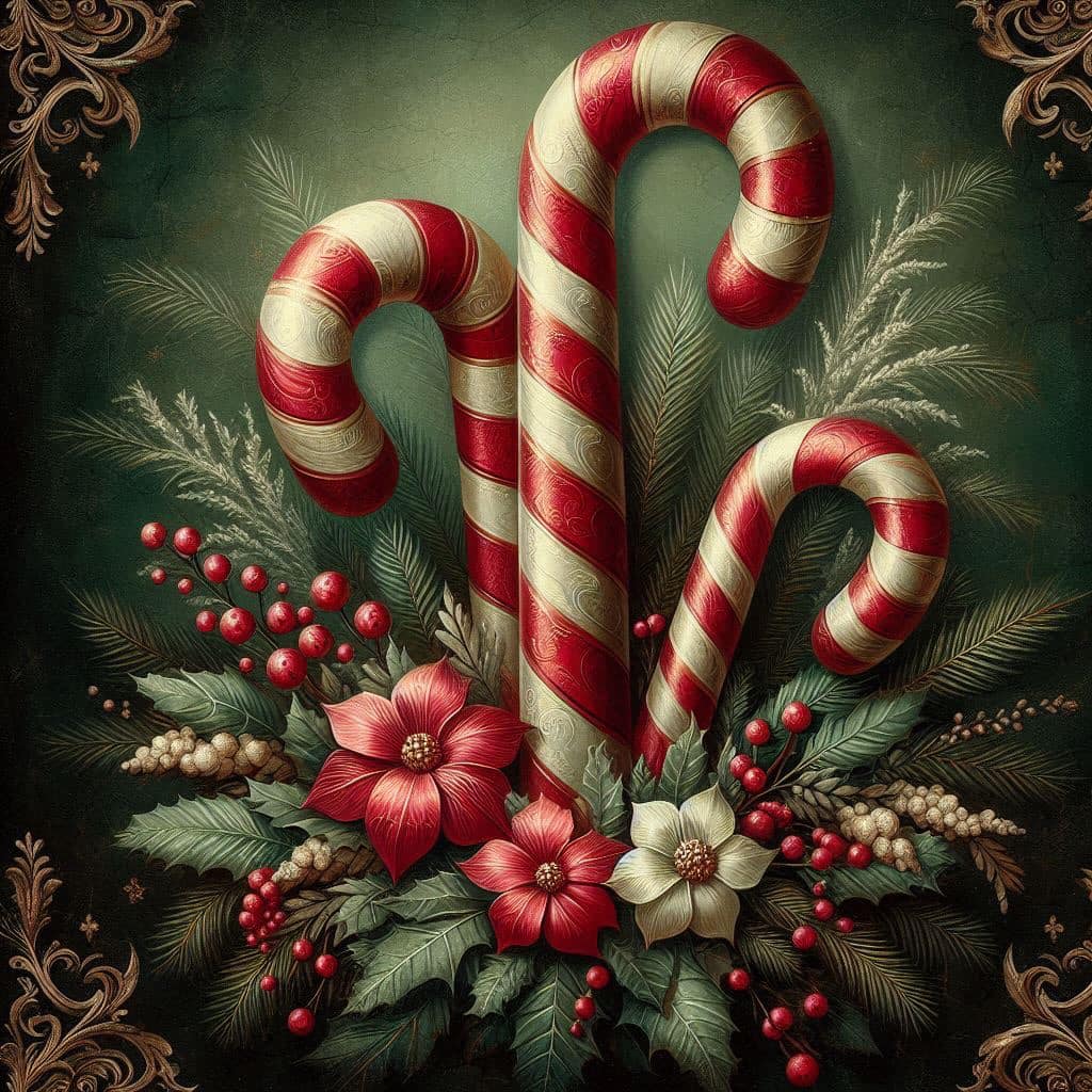 Vintage illustration of red and white candy canes with pine branches, poinsettias, and berries on green background