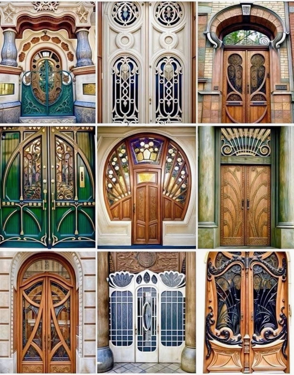 Collage of nine ornate vintage entry doors with carved wood, glass panels, and ironwork