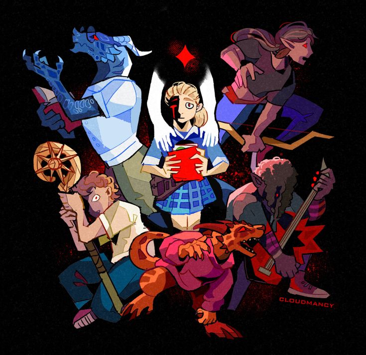 Six animated fantasy characters arranged in circle, each holding weapons or items, on black background