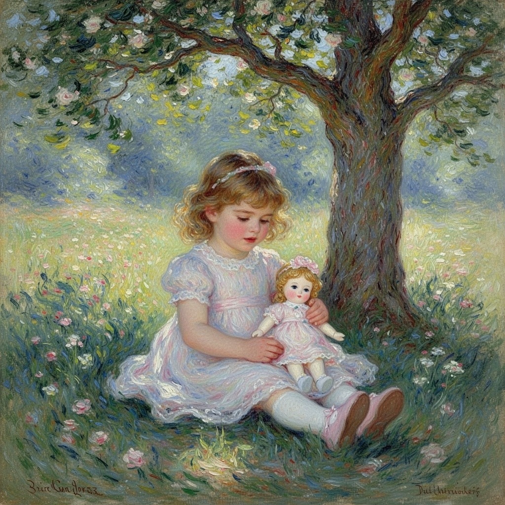 Girl with Doll Under Tree
