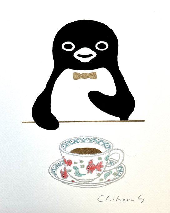 Cute illustrated penguin with a bow tie leaning over a decorative floral teacup and saucer