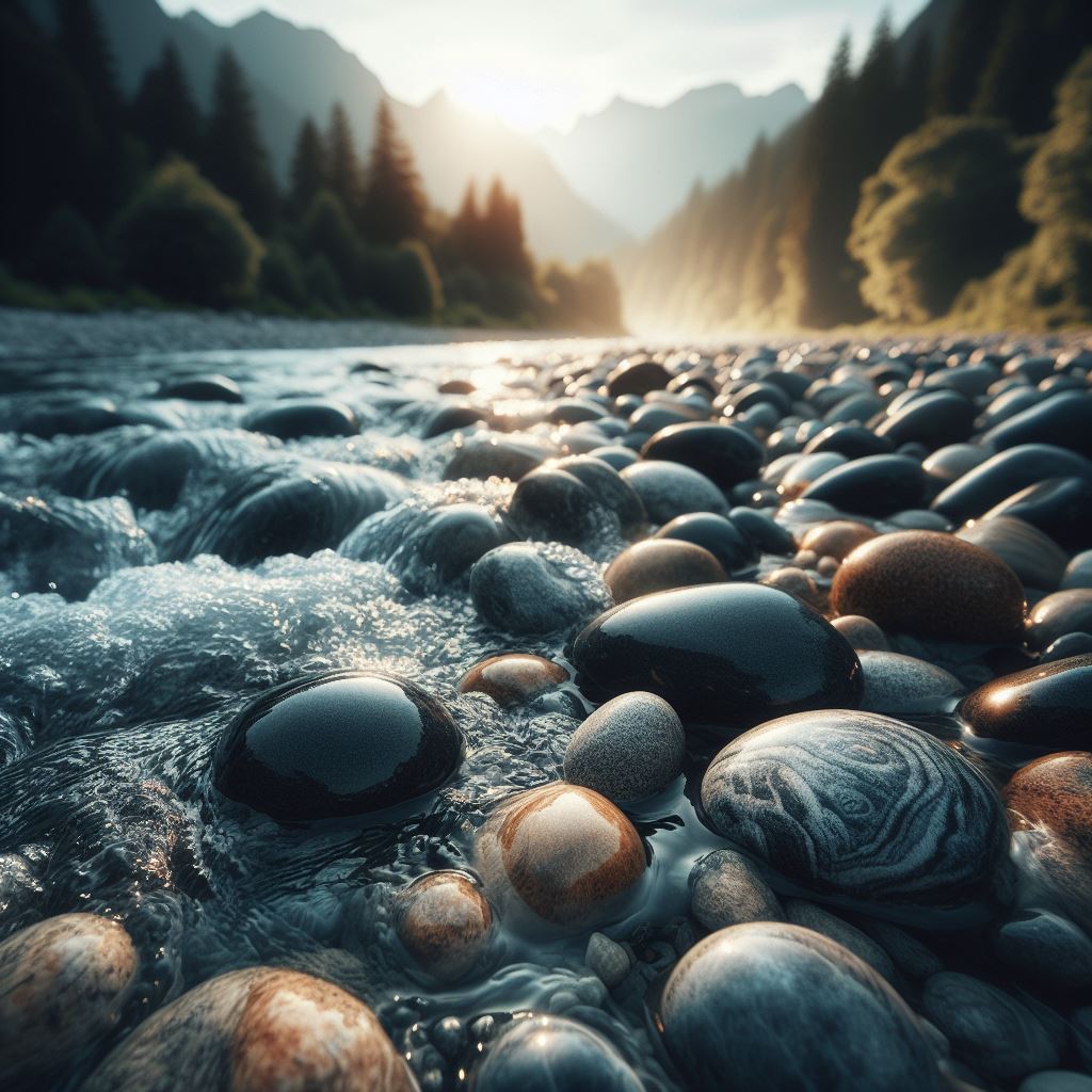 Sunlit stream flowing over smooth pebbles with trees and distant mountains