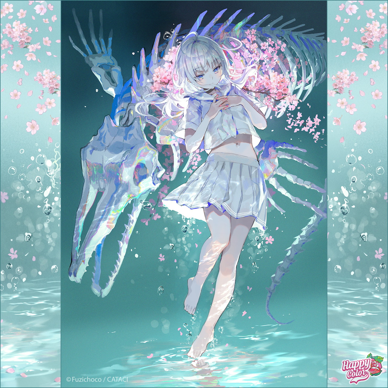 Anime girl with silver hair in pastel blue dress with ornate wings and flowers on turquoise background