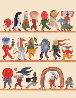Whimsical illustration of anthropomorphic animals and objects with human legs walking in three rows