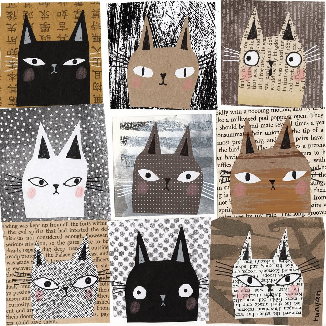 Grid of nine stylized cat face illustrations in black, white, brown and gray with mixed media collage textures