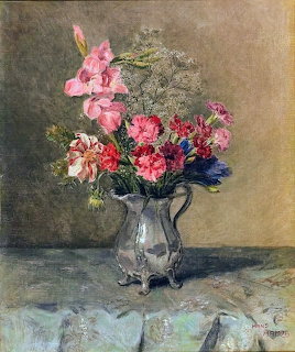 Painting of a bouquet of pink and red flowers in a decorative silver pitcher on a table