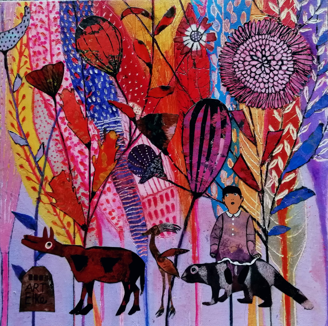 Colorful abstract collage with animal silhouettes and decorative botanical patterns in mixed media