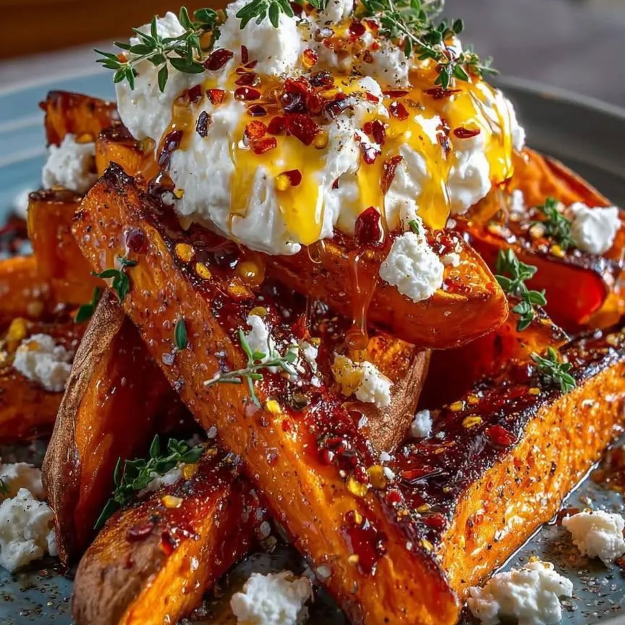 Roasted sweet potato wedges topped with burata, honey, chili flakes, and thyme on a dark plate