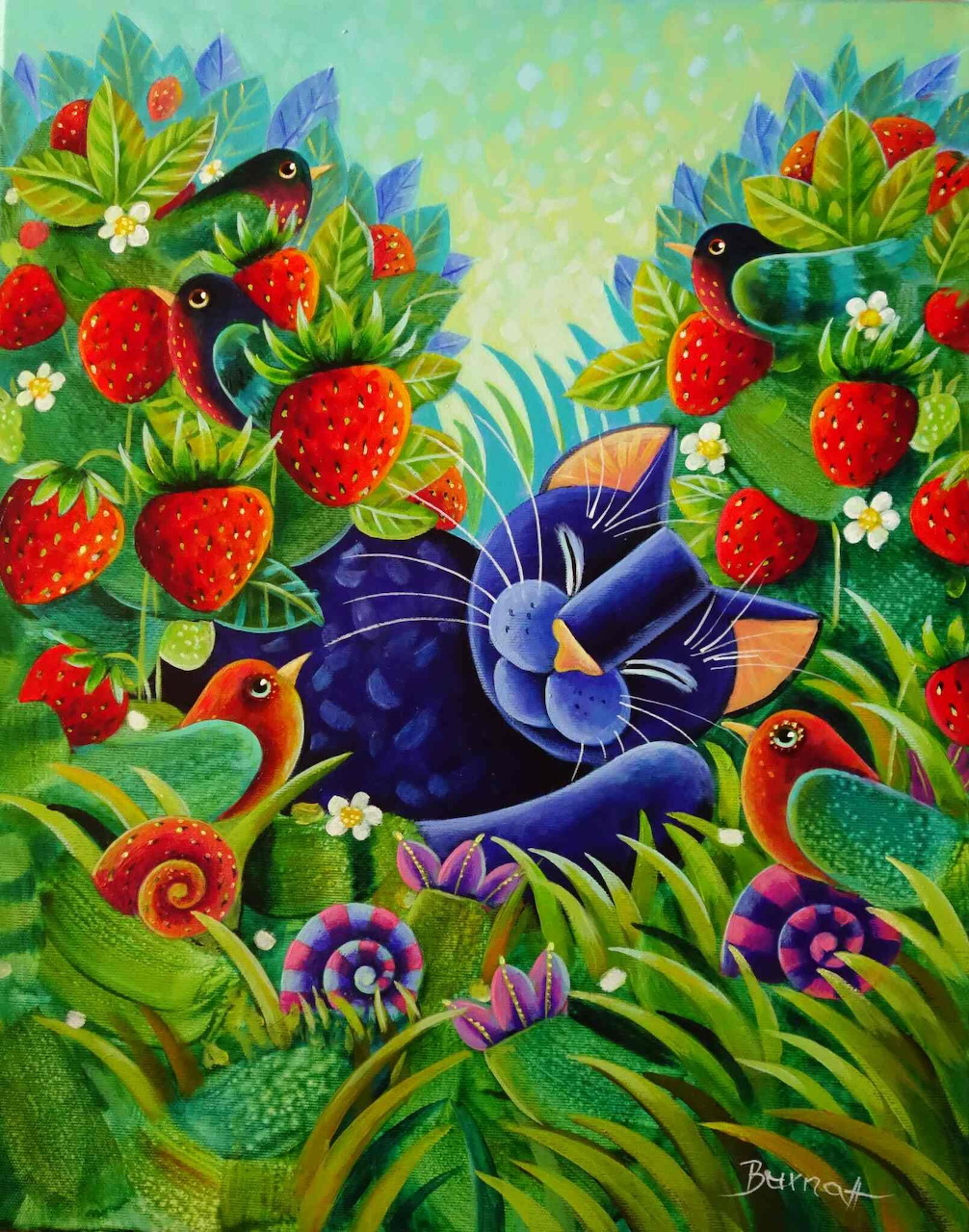 Colorful painting of birds, strawberries, leaves, and a large blue flower in a lush garden