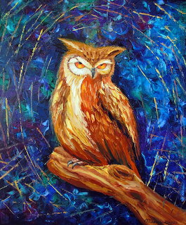 Impressionist painting of an owl on a branch with swirling blue night sky background
