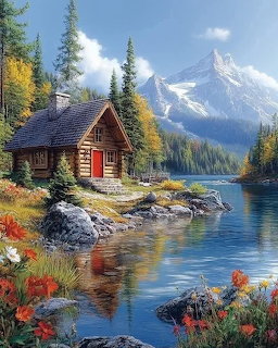 Log cabin beside mountain lake with autumn colors and snowy peaks