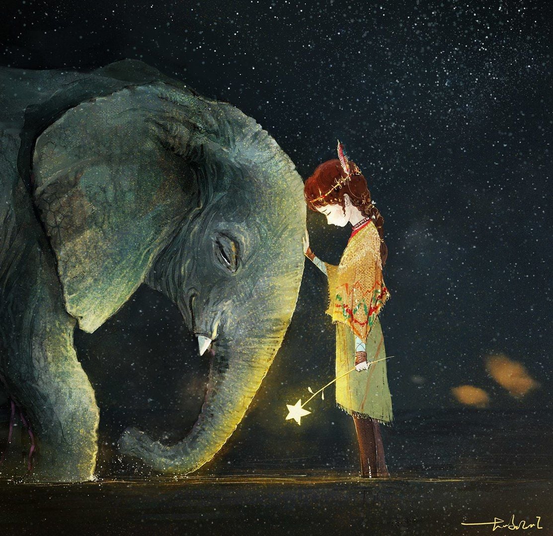 Girl in yellow dress touching elephant's trunk under starry night sky