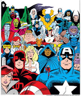 Colorful illustrated group of Marvel superhero characters including Captain America, X-Men, and Avengers members