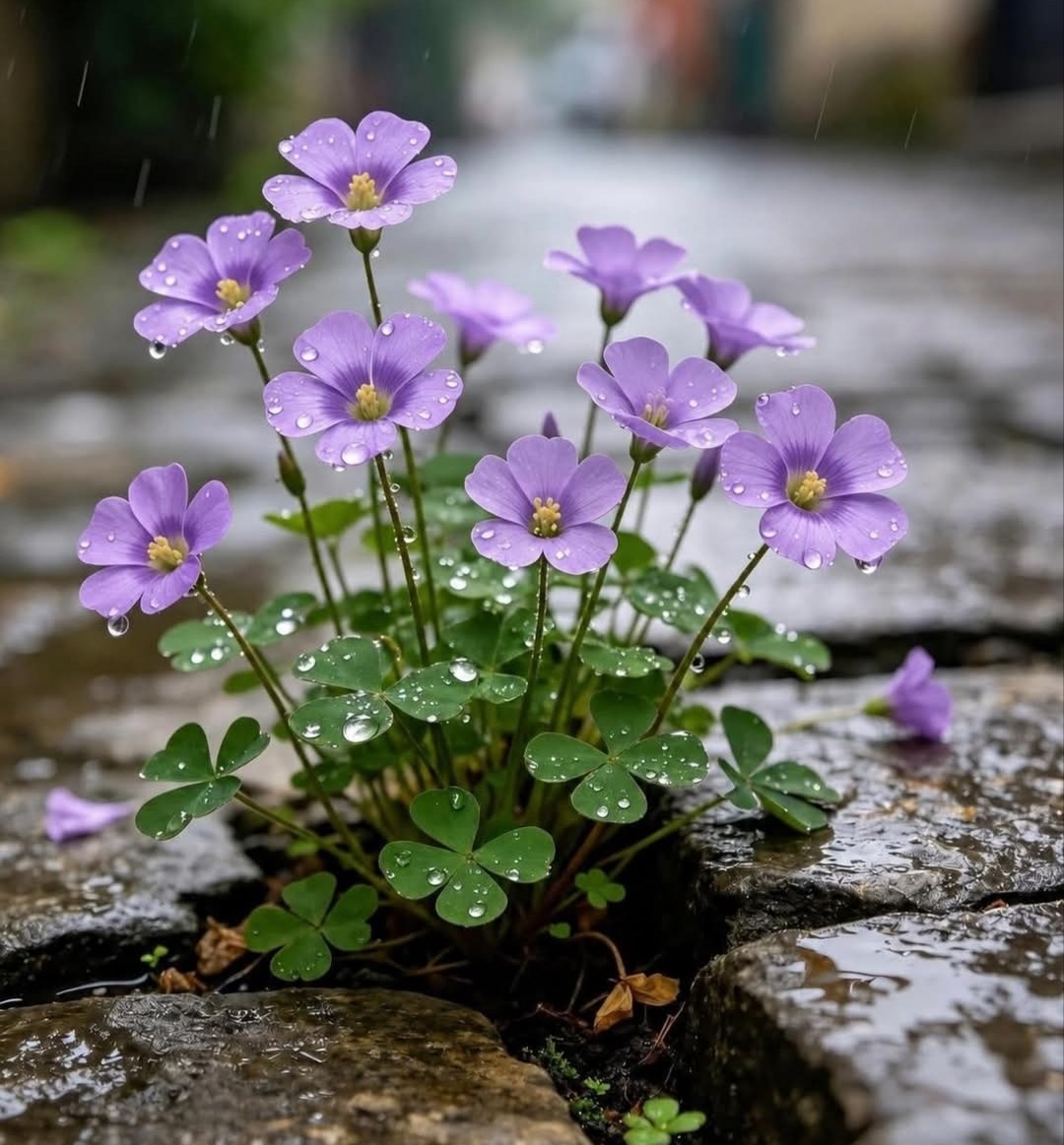 Close-up of small purple flowers with raindrops growing from a crack in wet stone pavement