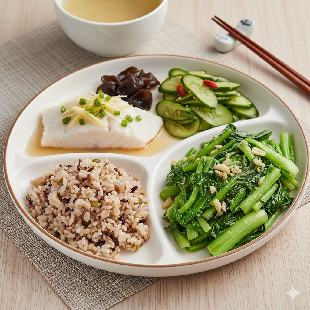 Divided plate with rice, white fish, cucumber salad, greens, and a bowl of soup