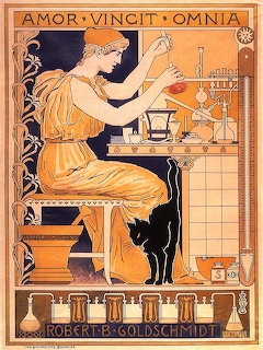 Vintage poster showing a seated woman at a laboratory bench with glassware and a black cat.