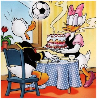 Donald Duck and Daisy Duck at a diner table with a cake and a soccer ball above them