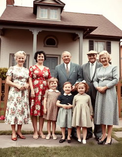 Vintage family portrait with adults and children standing in front of a house