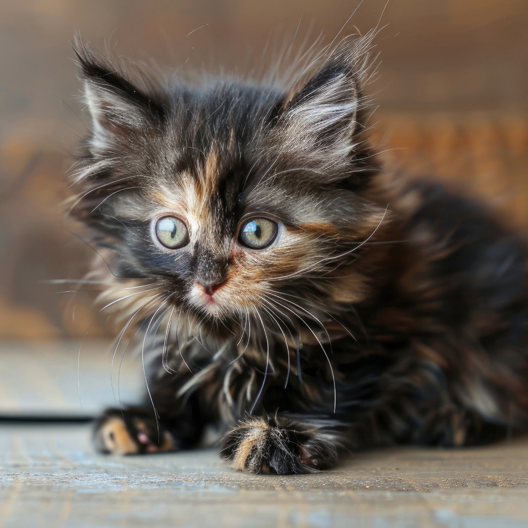 Fluffy tortoiseshell kitten with blue eyes crouching on concrete ground