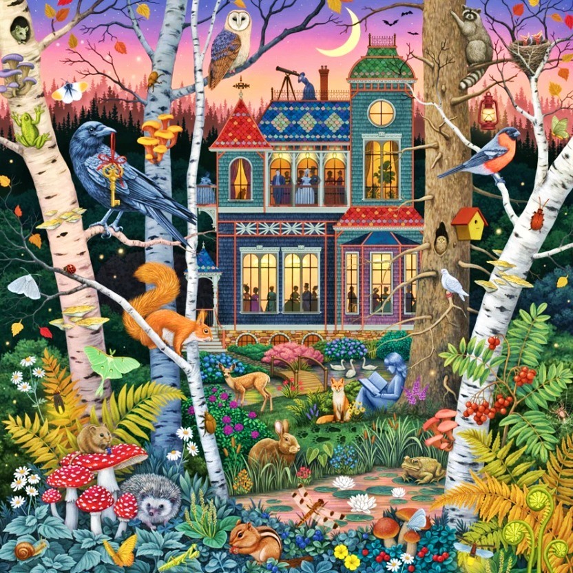 Colorful illustration of enchanted house in magical forest with animals, mushrooms, and fantasy elements