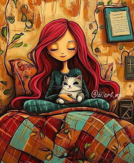 Illustrated red-haired girl sitting on a bed holding a white cat in a cozy bedroom
