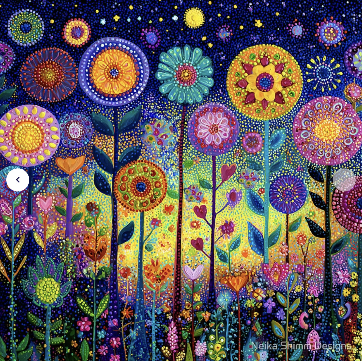 Colorful mosaic illustration of circular patterned flowers and plants under a starry night sky
