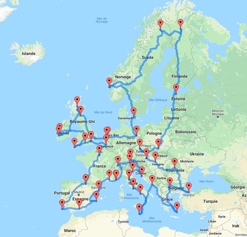 Map of Europe with red pins and a blue route line marking travel destinations