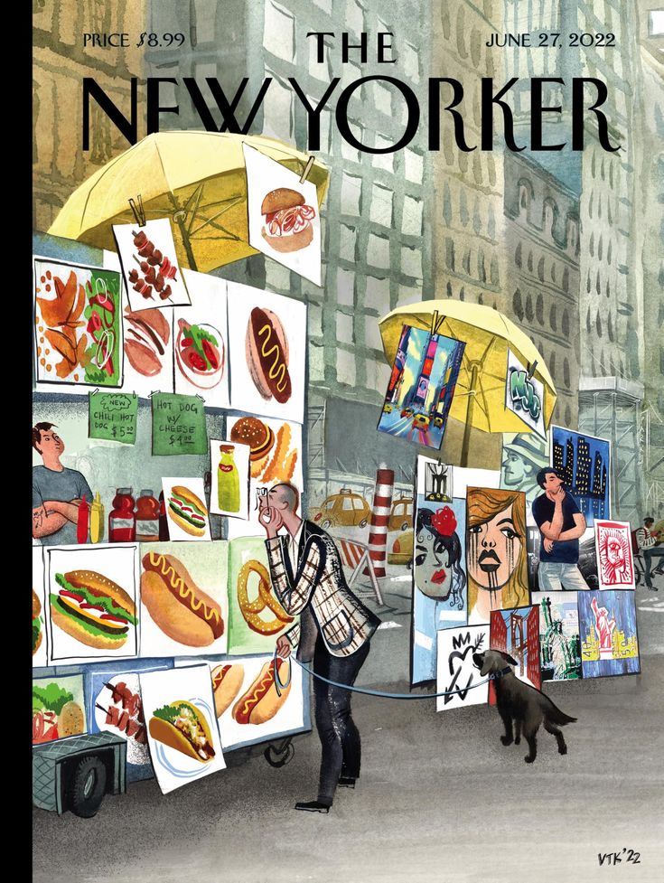 Food cart vendor with illustrated menu panels showing hot dogs and snacks on city street with tall buildings behind