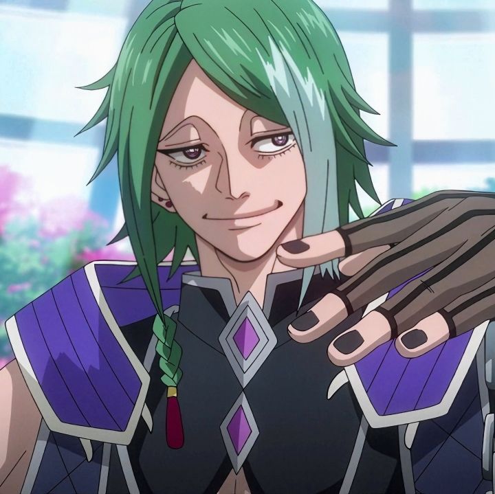 Anime character with green hair wearing purple and black outfit, smiling
