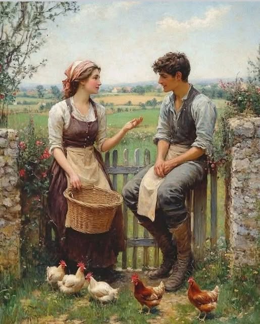 Painting of a young man and woman talking at a rustic garden gate with chickens and countryside behind them