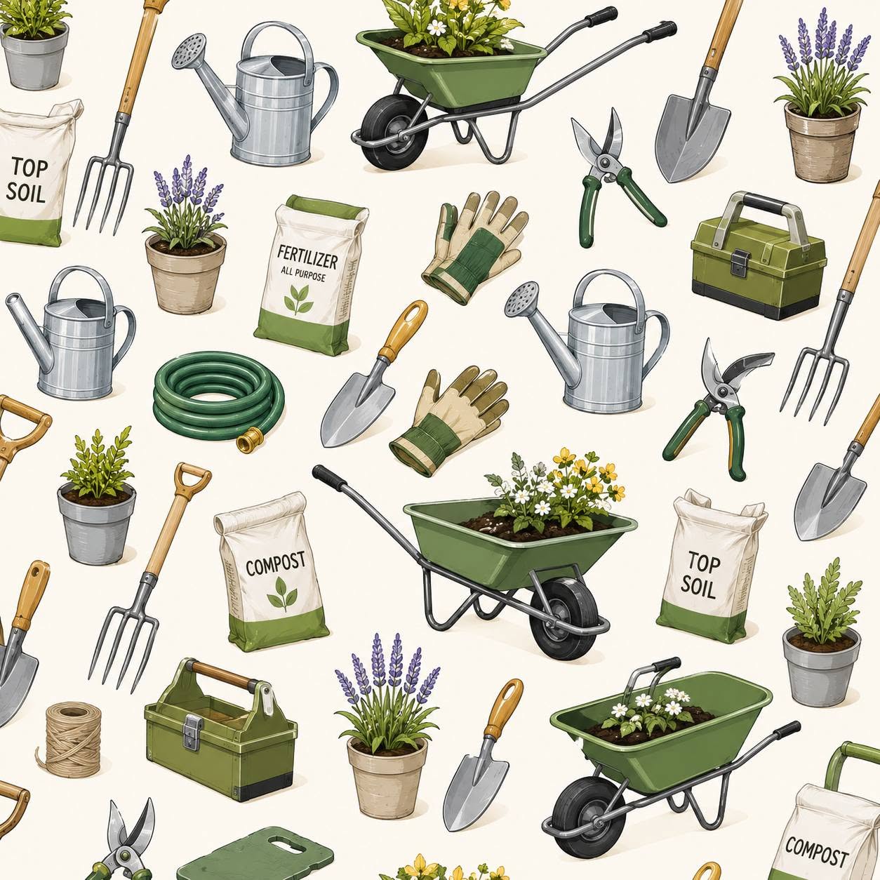 Illustrated pattern of garden tools, wheelbarrows, potted plants, gloves, and compost bags