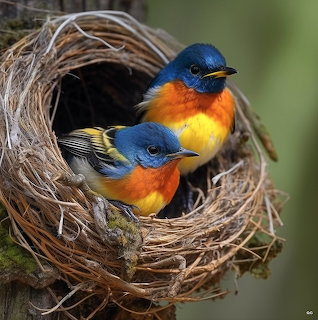 Two blue and orange birds sitting close together in a brown woven nest