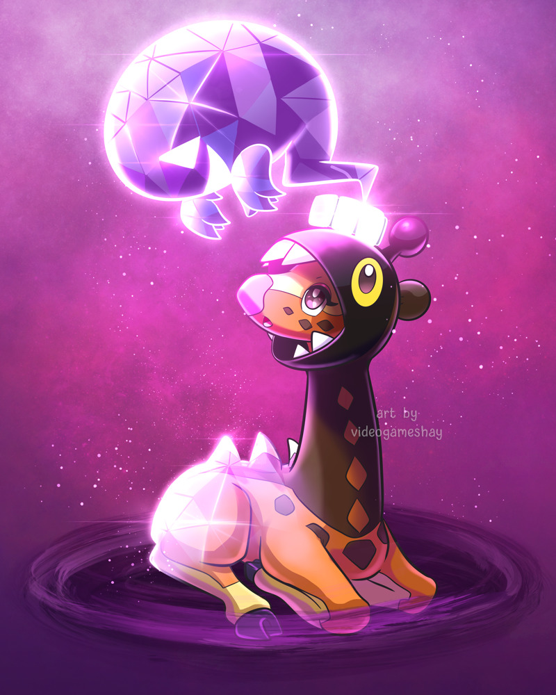 Farigiraf Pokémon character with glowing psychic energy in purple cosmic background