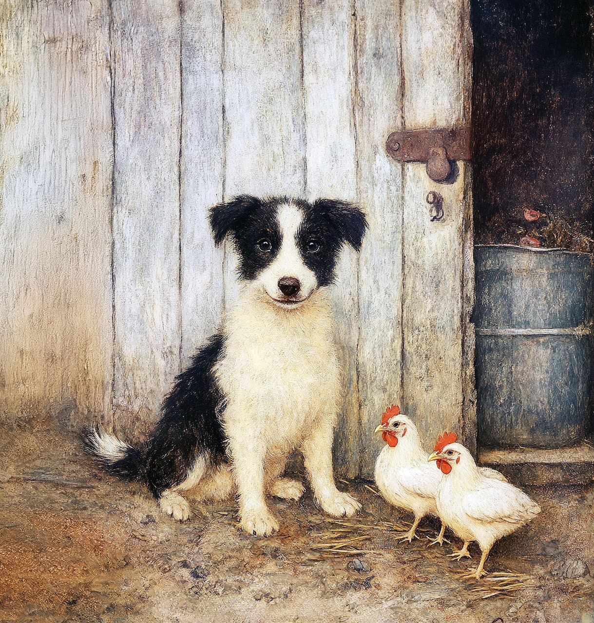 Painting of a black and white border collie puppy sitting next to two white chickens by a barn door