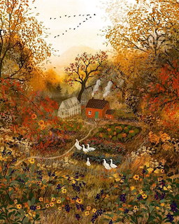 Painting of gese on a path through an autumn farm scene with golden trees, farmhouses, and pumpkins