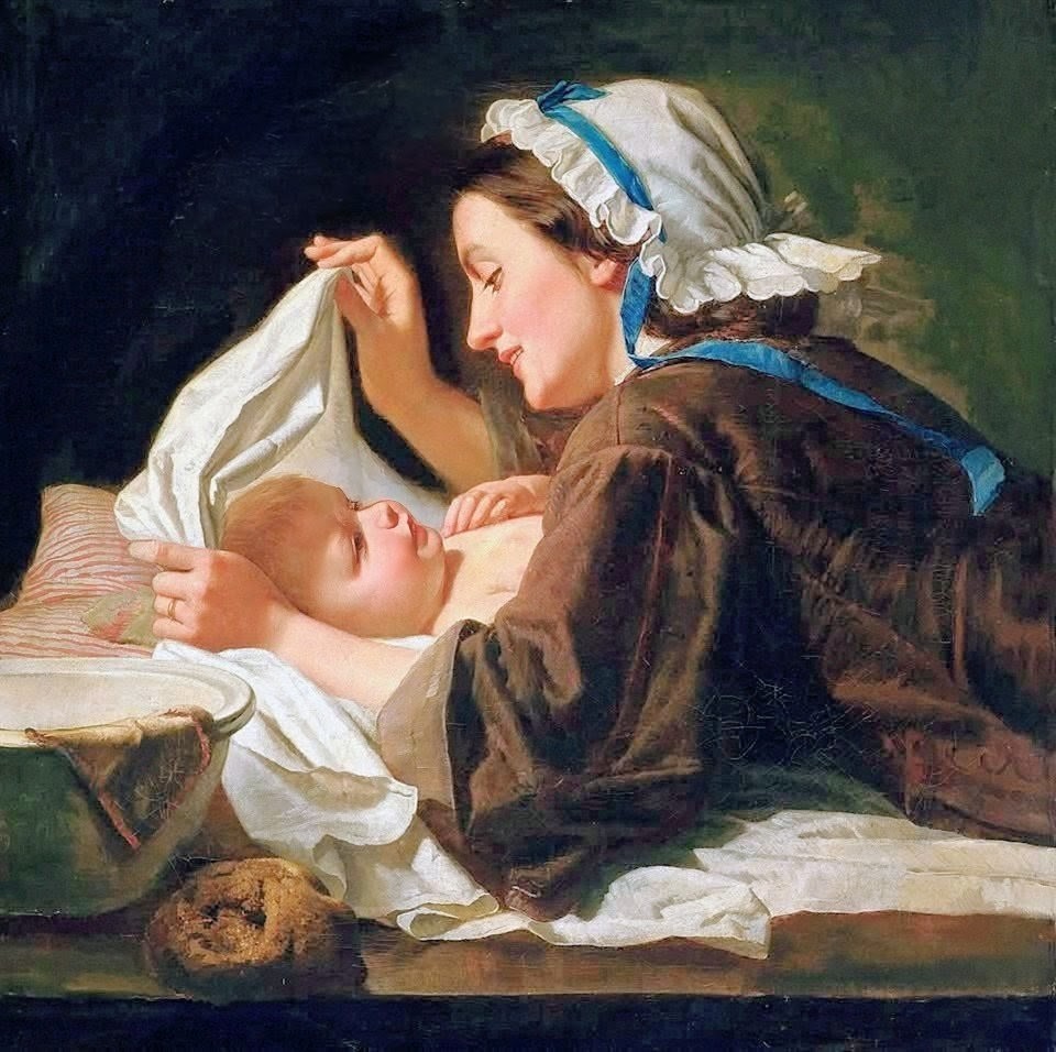 Painting of a mother leaning over a smiling baby wrapped in white cloth