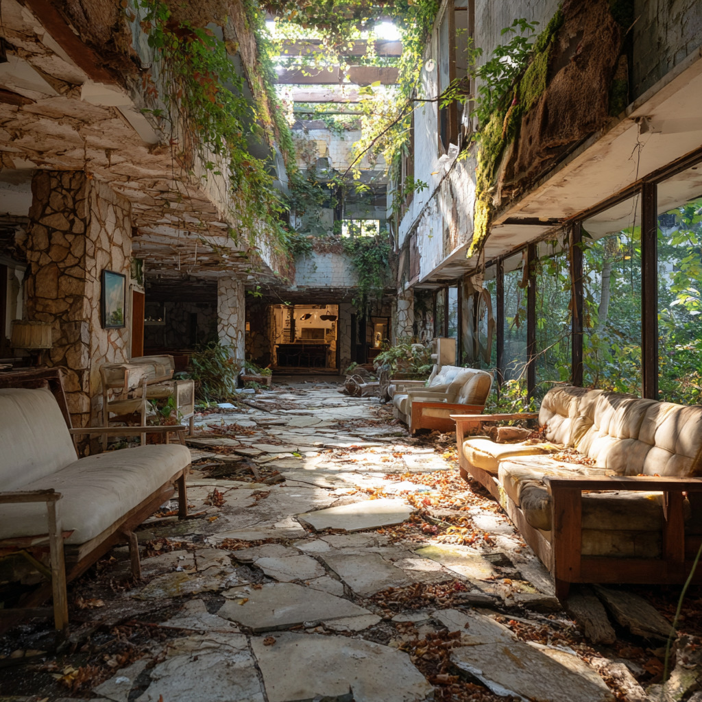 Abandoned hotel interior with overgrown plants, broken floor, and decaying furniture