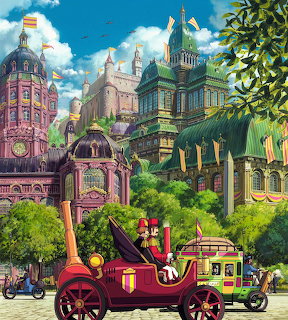 Studio Ghibli illustration of vintage cars on a cobblestone street lined with colorful ornate Victorian buildings