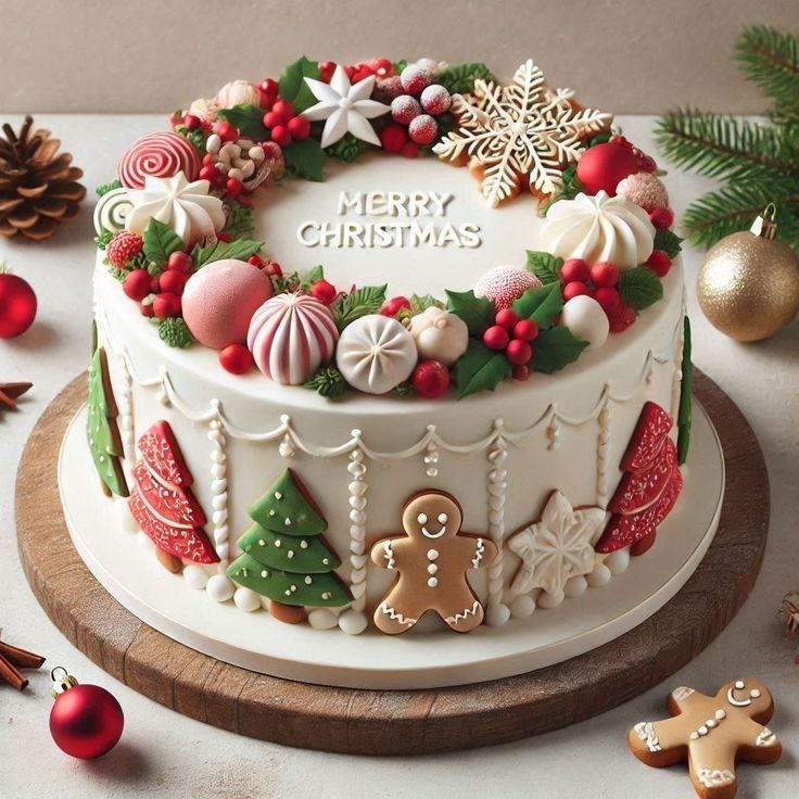 White Christmas cake with candy wreath, gingerbread man, meringues, and festive decorations
