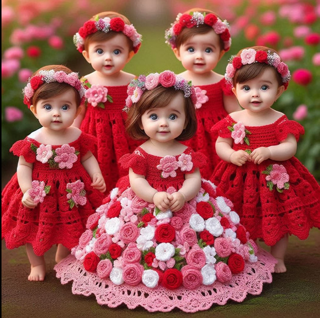 Five decorative dolls in red dresses with flower headbands posed together with floral background