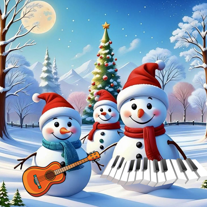 Three snowmen wearing Santa hats with guitar and keyboard in snowy Christmas scene with decorated tree and full moon