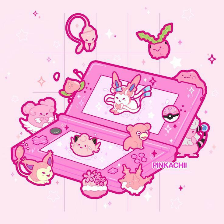 Pink handheld game console with Pokemon characters on screen and surrounding it in cute kawaii illustration style