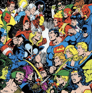 Comic illustration of Justice League and Avengers superheroes confronting each other in a crowded battle lineup
