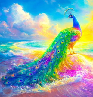 Colorful peacock with rainbow feathers on a beach with turquoise ocean waves and sunset sky