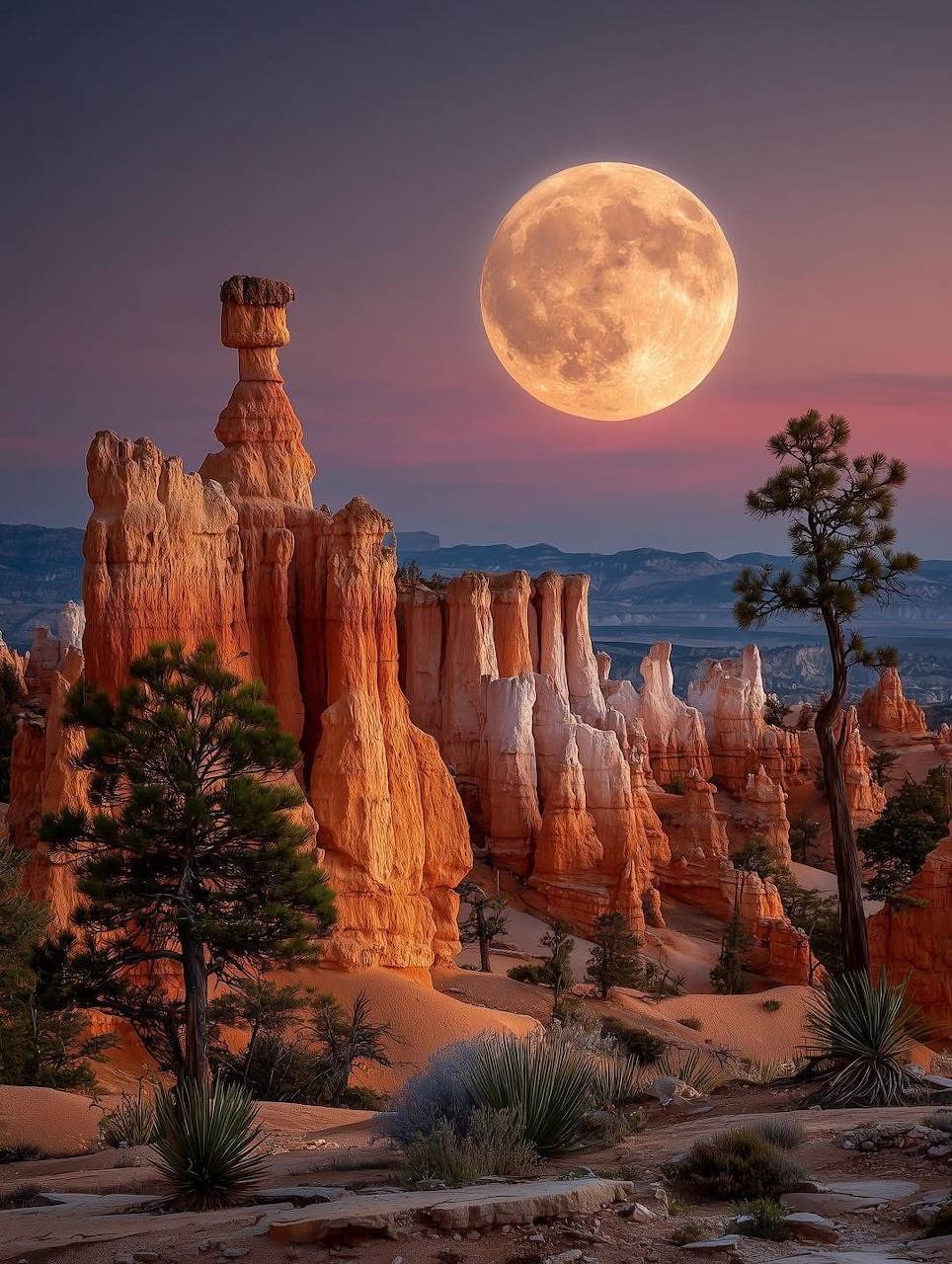 Full moon rising above red hoodoo rock spires at Bryce Canyon under a purple twilight sky