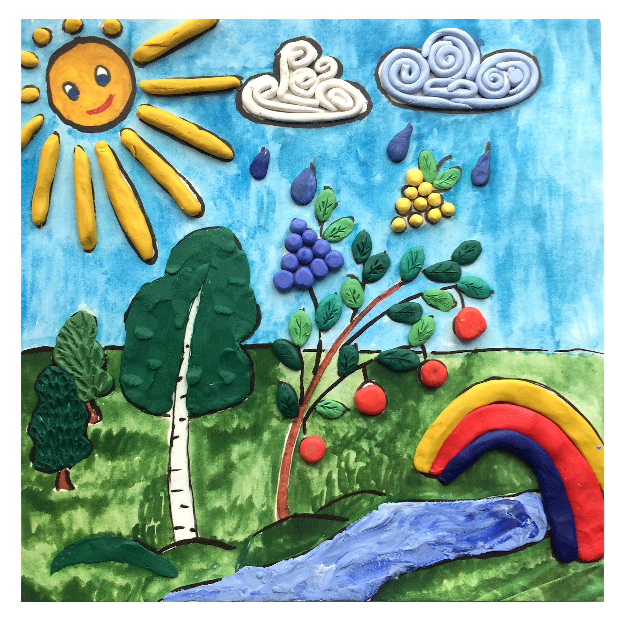 Colorful clay landscape with sun, clouds, trees, berries, rainbow, and stream