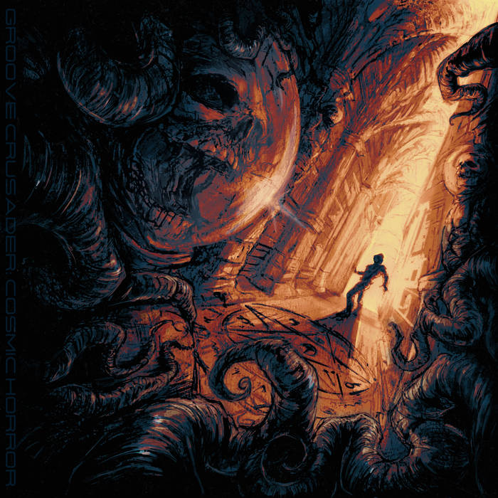 Dark fantasy illustration of a person confronting tentacled monsters in a glowing cave