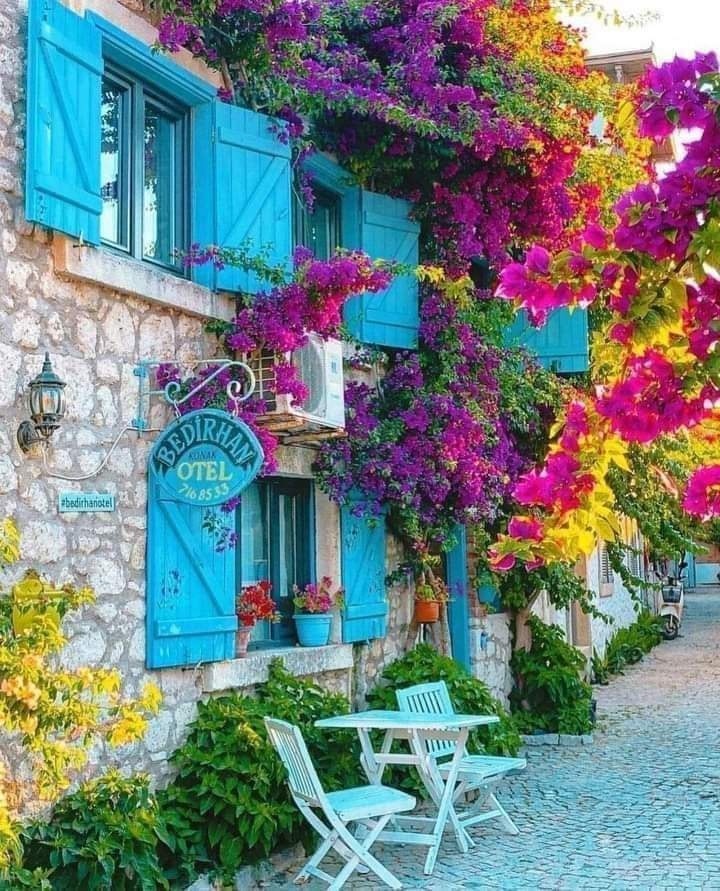 Stone house with turquoise shutters covered in pink and yellow bougainvillea, white chairs on cobblestone street