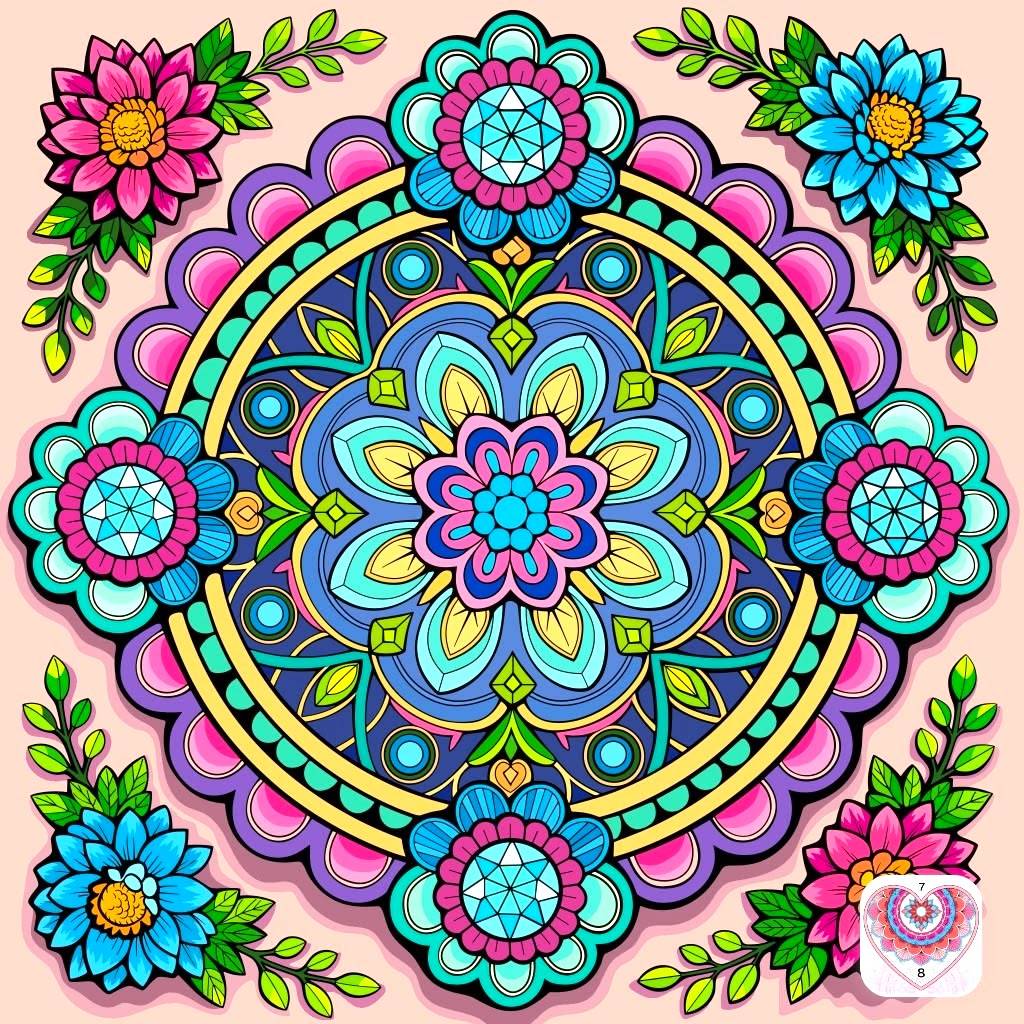 Colorful symmetrical mandala with ornate floral patterns in pink, blue, and yellow tones with decorative corner flowers