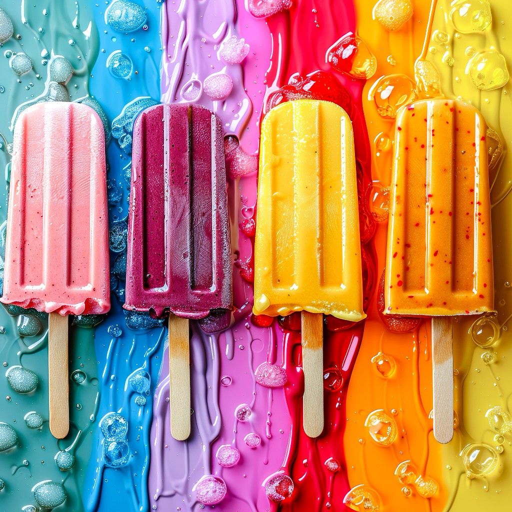 Seven colorful fruit popsicles with wooden sticks arranged in a row on ice with water droplets